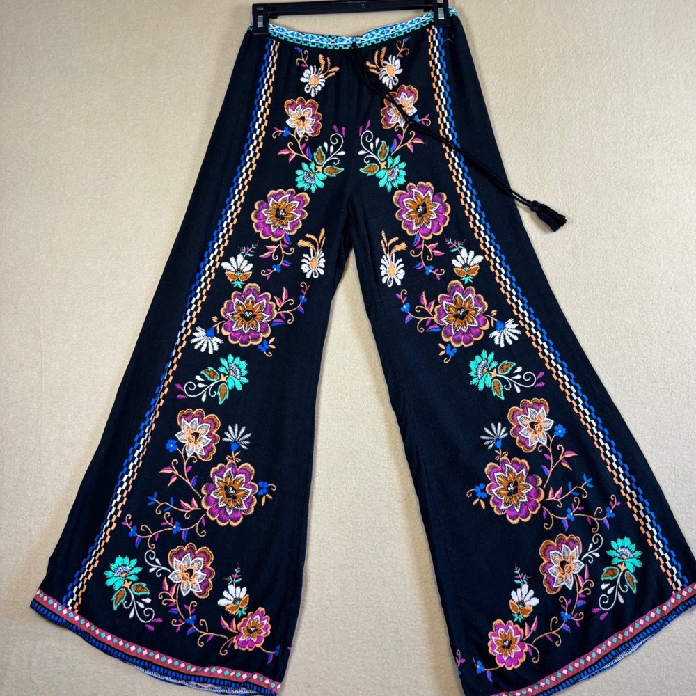 Flying Tomato Black Floral Embroidered Wide Leg Palazzo Pants IP5241-TJ Small